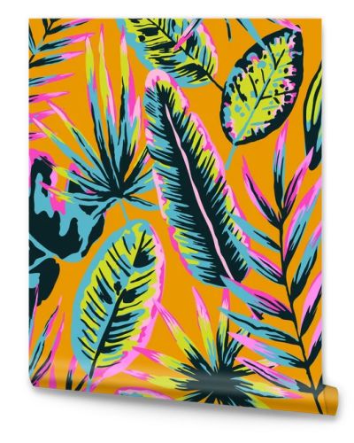 Seamless pattern with modern neon tropical leaves and plants for design and textile.