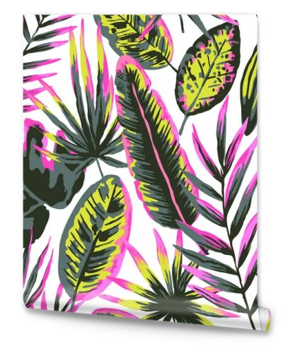 Seamless pattern with modern neon tropical leaves and plants for design and textile.