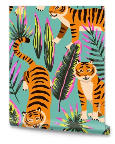 Seamless pattern with cute cartoon tigers and doodle tropical leaves. 