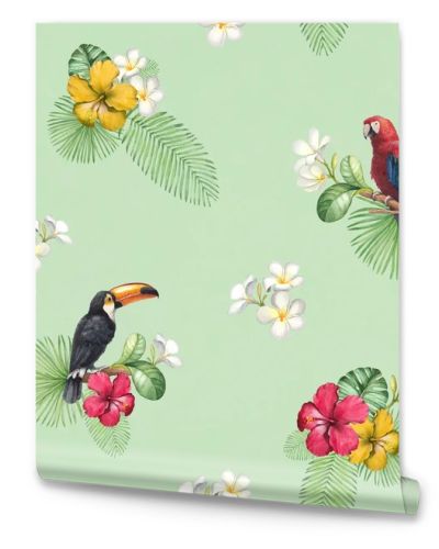 Watercolor toucan and parrot. Seamless pattern