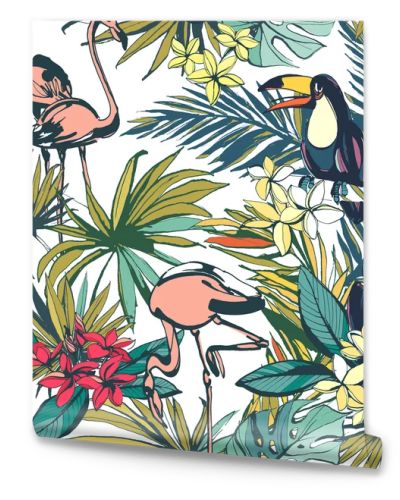 Tropical floral summer seamless pattern with palm beach leaves, 