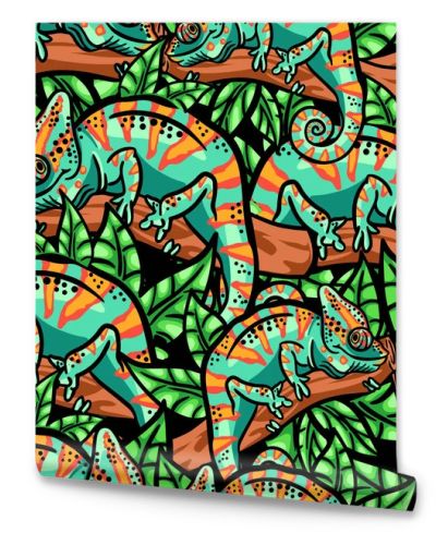 Hand drawn pattern with chameleons. Seamless jungle pattern. Pattern for creative t shirt, textile, favric, wrapping paper and more
