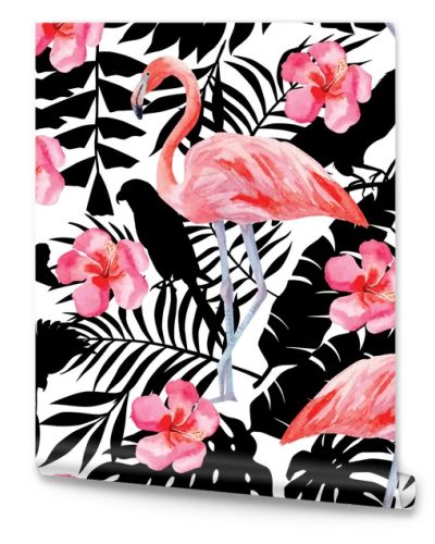 flamingo and hibiscus watercolor pattern, parrots and tropical plants silhouette background