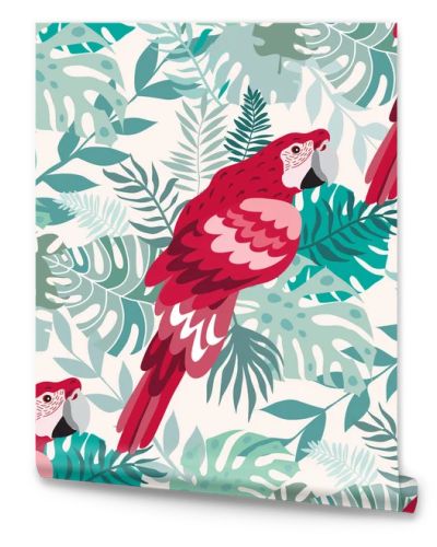 Beautiful tropical  seamlless pattern with  tropical parrots, colorful exotic Birds, leaves, flowers, plants  art print for travel and holiday, fashion, textile, web,  posters, wallpapers  Vector illustration  EPS 10