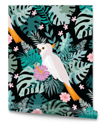 Beautiful tropical  seamlless pattern with  tropical parrots, colorful exotic Birds, leaves, flowers, plants  art print for travel and holiday, fashion, textile, web,  posters, wallpapers  Vector illustration  EPS 10