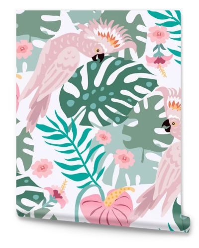 Beautiful tropical  seamlless pattern with  tropical parrots, colorful exotic Birds, leaves, flowers, plants  art print for travel and holiday, fashion, textile, web,  posters, wallpapers  Vector illustration  EPS 10
