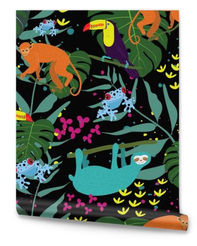 Rain forest tropical jungle pattern with colorful poison dart fr