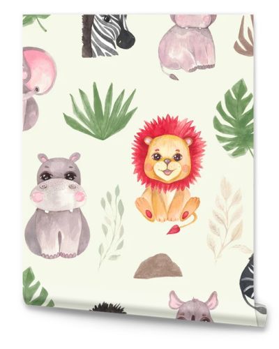 Seamless pattern Watercolor illustration set Safari baby animals Nursery decor Baby shower Tropical animals Elephant lion Zebra Rhino Hippo