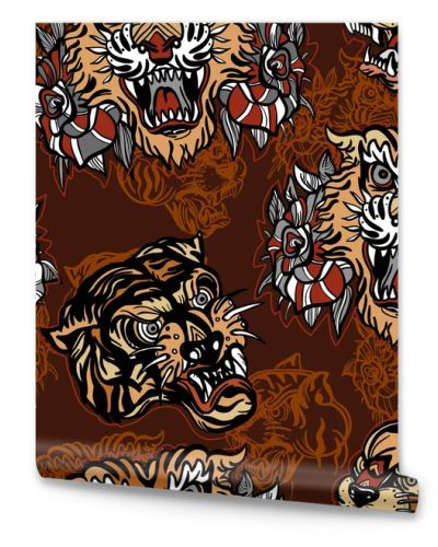 Tigers seamless pattern, old school tattoo vector