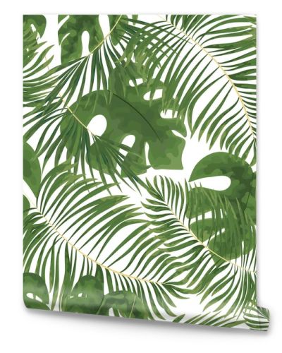 seamless pattern of bright green tropical leaves on white backgr