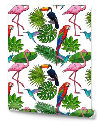 Seamless pattern, backdrop design of tropical palm leaves, birds, flowers