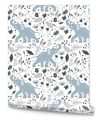 Elephant with Trunk and Tusks Among Foliage Vector Seamless Pattern. Jungle Flora and Fauna Design for Wallpapers