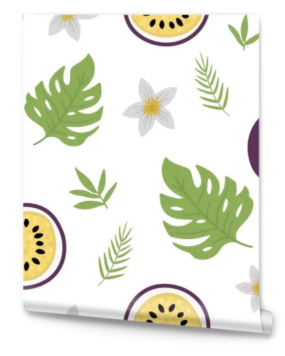 Vector passion fruit seamless pattern. Jungle fruit repeat background. Hand drawn flat exotic texture d. Bright childish healthy tropical summer food digital paper