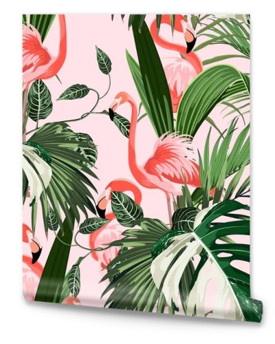 Pink flamingo and exotic palm leaves, pink background. Floral seamless pattern. Tropical illustration. Exotic plants, birds. Summer beach design. Paradise nature.
