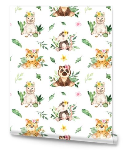 Cute animal jungle kids in tropical plants on a white background. Watercolor seamless pattern