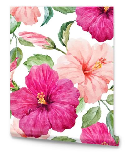 Watercolor tropical hibiscus vector pattern