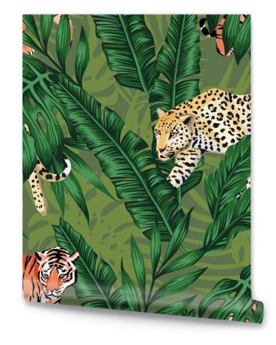 green banana leaves tiger leopard seamless background