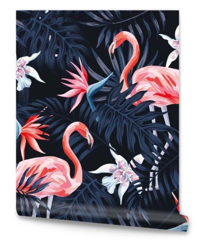 flamingo strelitzia palm leaves dark background pattern