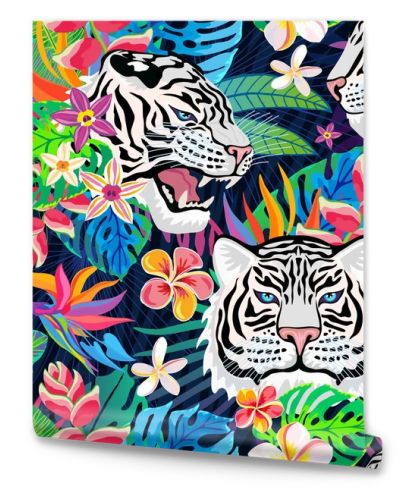 Seamless pattern. White tiger head roar wild cat in colorful jungle. Rainforest tropical leaves background. Fashion textile, fabric. Tiger stripes vector character art illustration