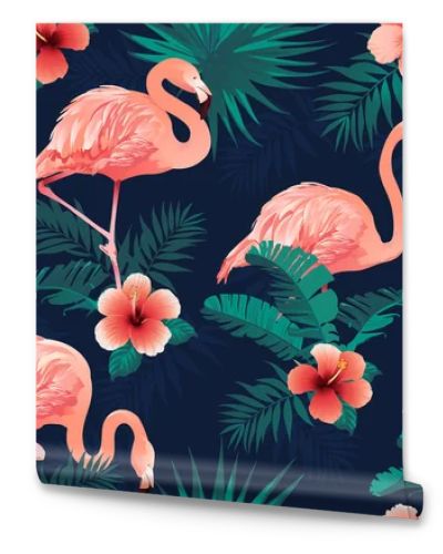 Beautiful Flamingo Bird Tropical Flowers Background. Seamless pattern vector.