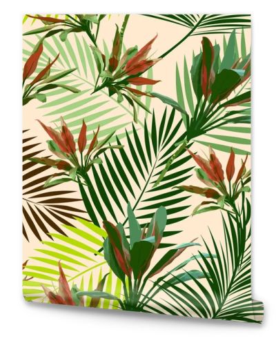 Seamless pattern tropical leaves of palm tree and flowers. Vector background.