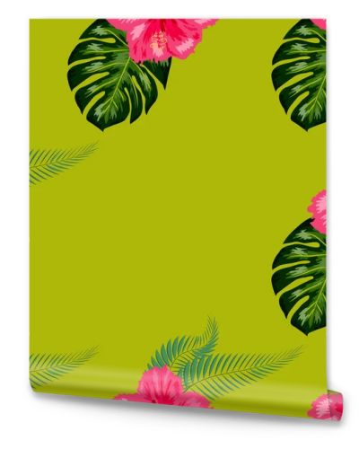 Tropical hibiscus flowers and palm leaves bouquets seamless pattern