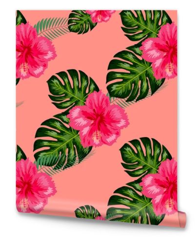 Tropical hibiscus flowers and palm leaves bouquets seamless pattern