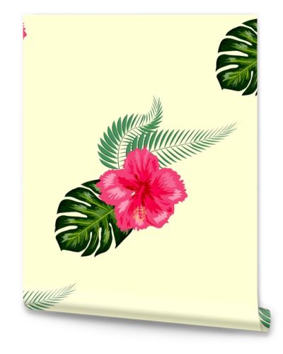 Tropical hibiscus flowers and palm leaves bouquets seamless pattern