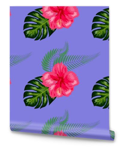 Tropical hibiscus flowers and palm leaves bouquets seamless pattern