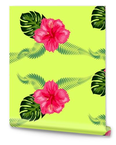 Tropical hibiscus flowers and palm leaves bouquets seamless pattern