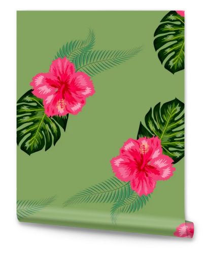 Tropical hibiscus flowers and palm leaves bouquets seamless pattern