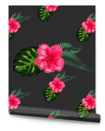 Tropical hibiscus flowers and palm leaves bouquets seamless pattern