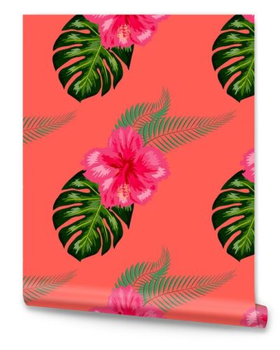 Tropical hibiscus flowers and palm leaves bouquets seamless pattern