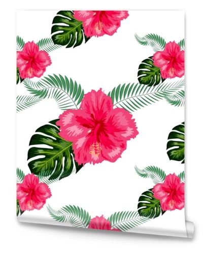 Tropical hibiscus flowers and palm leaves bouquets seamless pattern