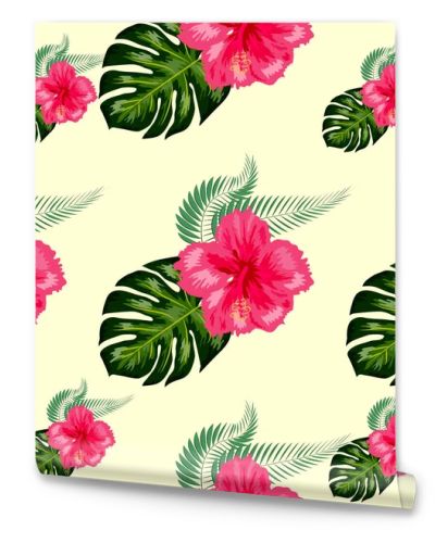 Tropical hibiscus flowers and palm leaves bouquets seamless pattern