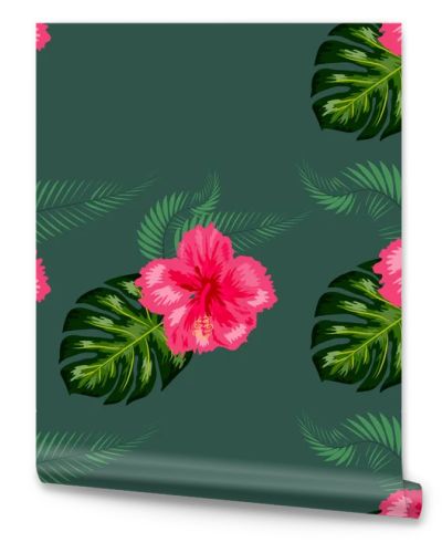 Tropical hibiscus flowers and palm leaves bouquets seamless pattern