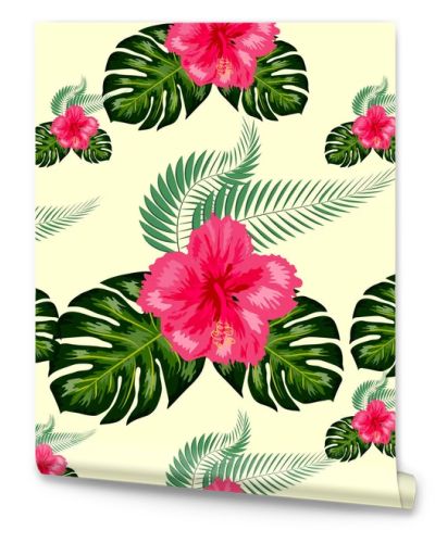 Tropical hibiscus flowers and palm leaves bouquets seamless pattern