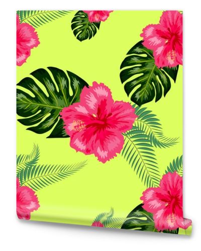 Tropical hibiscus flowers and palm leaves bouquets seamless pattern