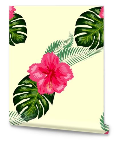 Tropical hibiscus flowers and palm leaves bouquets seamless pattern