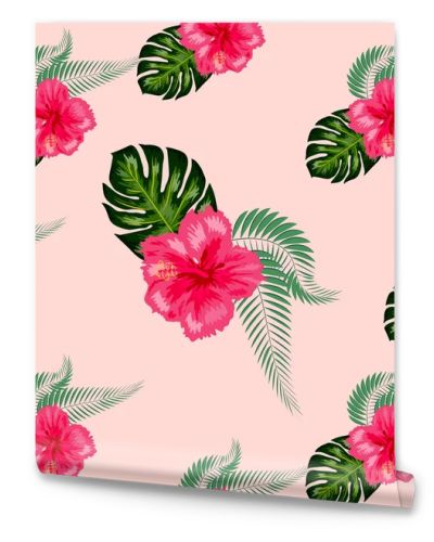 Tropical hibiscus flowers and palm leaves bouquets seamless pattern