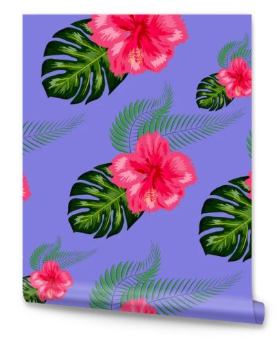 Tropical hibiscus flowers and palm leaves bouquets seamless pattern