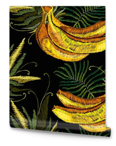 Embroidery bananas and palm leaves seamless pattern, jungle art. Fashion template for clothes, textiles and t-shirt design