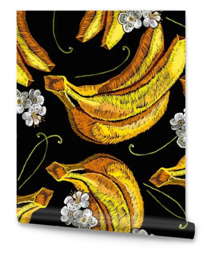 Embroidery white flowers and yellow tropical bananas seamless pa