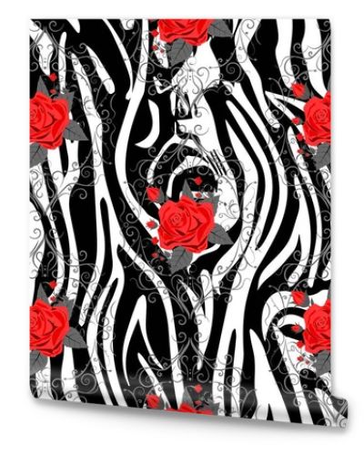 Zebra Stripes with red rose Florals Flowers Seamless Pattern. Zebra print, animal skin, tiger stripes, abstract pattern, line background, fabric. Amazing hand drawn vector illustration. Poster, banner