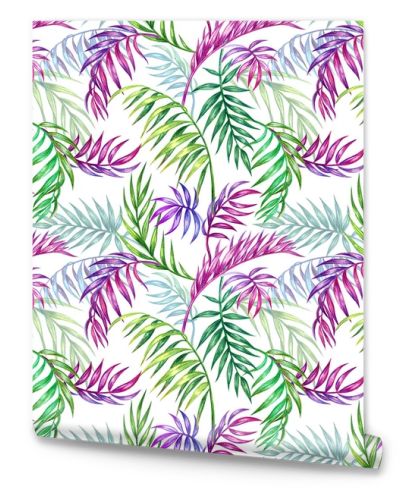 Seamless pattern of palm leaves on a white background, watercolor illustration. Floral tropical print for fabric, background for various designs.