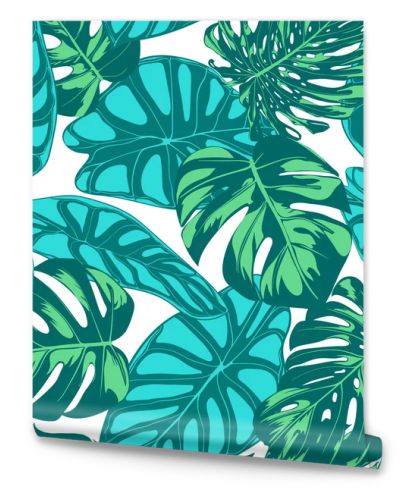 Seamless Vector Tropical Pattern. Monstera Palm Leaves and Alocasia. Jungle Foliage with Watercolor Effect. Exotic Hawaiian Textile Design. Seamless Tropical Background for Fabric, Dress, Paper, Print