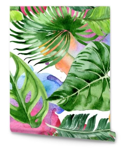 Exotic tropical hawaiian palm tree leaves. Watercolor background illustration set. Seamless background pattern. 