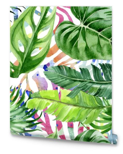 Exotic tropical hawaiian palm tree leaves. Watercolor background illustration set. Seamless background pattern. 