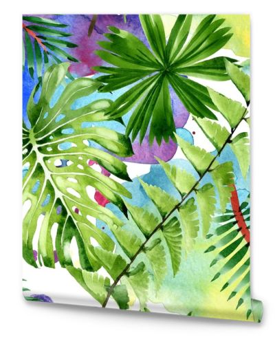 Palm beach tree leaves jungle botanical. Watercolor background illustration set. Seamless background pattern.