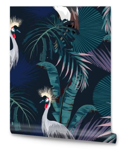 Tropical night vintage wild birds pattern, palm tree, palm leaves and plant floral seamless border black background. Exotic jungle wallpaper.
